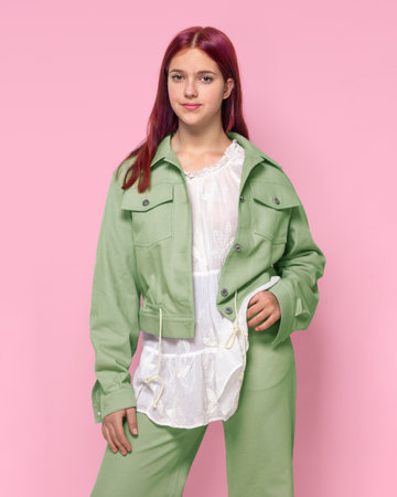 A girl in a light green oversized denim suit on a pink background studio isolatedの写真素材