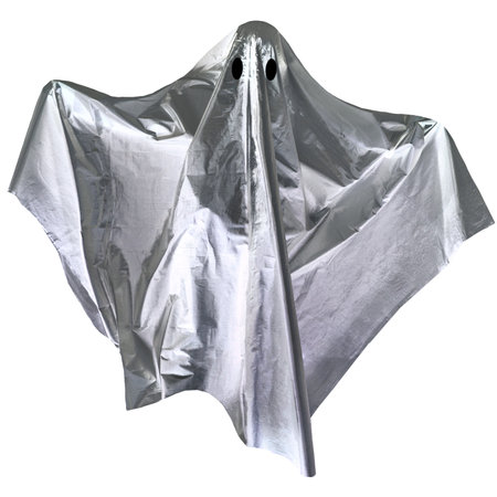 White iridescent, silver flying ghost on a black isolated background.の写真素材