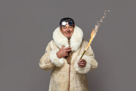 A mature man in a warm fur coat with a white fox collar and sunglasses holds a Christmas firework in his hand.の写真素材