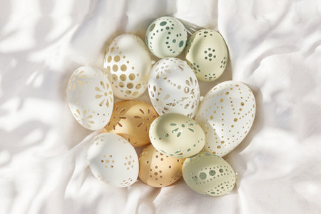 Openwork Easter egg. White, beige, light green, hand-decorated Easter egg.の写真素材