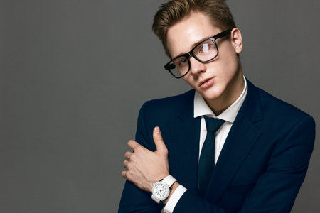 Man in an expensive suit in a tie and an expensive watch posing in the studioの写真素材