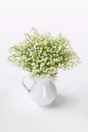 Lilies of the valley in a white jug on a white background without leaves, isolated. Spring and holiday concept.の写真素材
