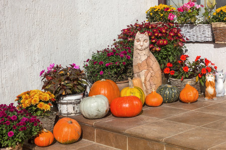The porch of the house is decorated for Halloween with flowers and pumpkins, a sunny October day.の写真素材