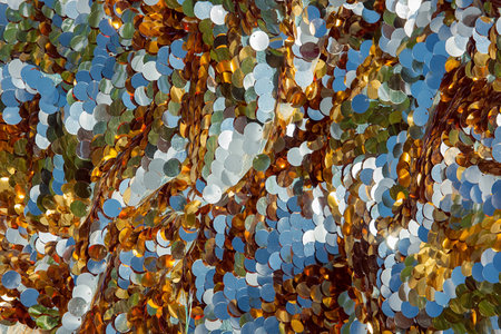 Sparkly spotted gold and blue festive background with sequins. Place for text.の写真素材