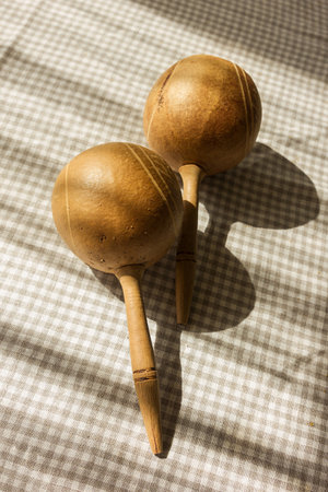 Maracas, an instrument of popular Latin American dance music. Lying on a checkered tablecloth, gingham, illuminated by the sun.の写真素材