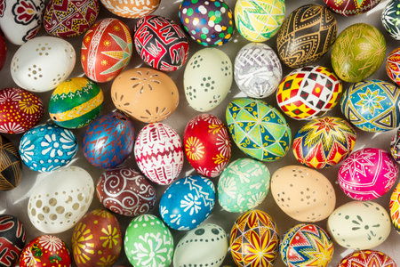 Colorful easter eggs background, christian holiday theme, holiday background.の写真素材