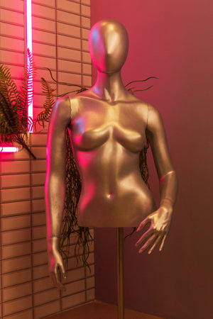 Golden female mannequin, golden torso headless close up in neon light. Close up, background.の写真素材