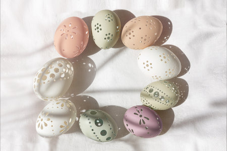 Openwork Easter egg. White, beige, light green, hand-decorated Easter egg.の写真素材
