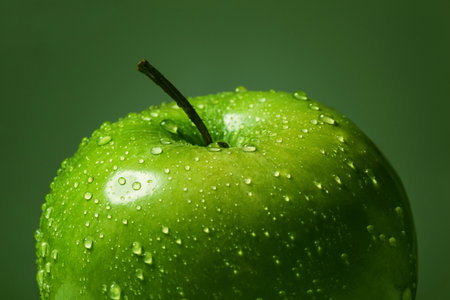 Big green apple with water drops close-up on dark green backgroundの写真素材