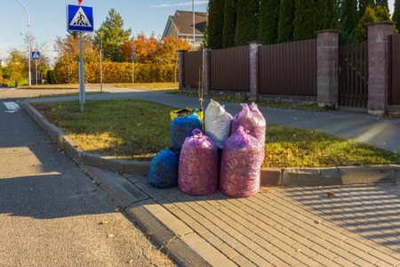 Colorful purple and blue trash bags neatly stacked along the sidewalk near the Pedestrian Crossing...