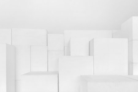 Abstract white stepped multilevel background. Snow-white cubes and parallelepipeds, a geometric maze on a white background, a sense of spatial depth.の写真素材