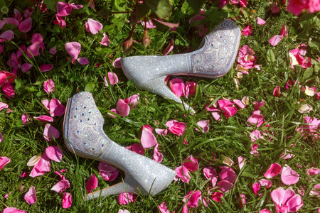 A pair of elegant silver high-heeled shoes, lying on the lush green grass, surrounded by a bright scattering of fresh rose petals. Wedding fashion and natural beauty, outdoor photo shoot.の写真素材