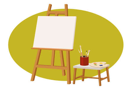 canvas stand with a empty canvas, palette, and brush のイラスト素材