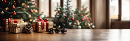 christmas gifts on a table at christmas morningの素材