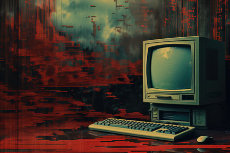 illustration of an old computer and a glitching image in the backgroundの素材