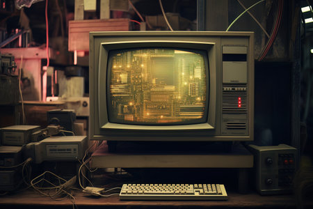illustration of an old computer and a glitching image in the backgroundの素材