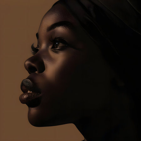 A woman with a black turban and dark skin looks off to the left of the frame. The background is a gradient of brown to black.の素材