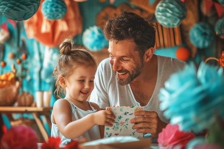 Picture a vibrant scene with a father and child sharing a joyful moment. The father is smiling as the child presents a handmade card, radiating warmth and appreciation. Surrounding them are decorations in shades of blue and red, symbolizing the love and celebration of Father's Day.の素材