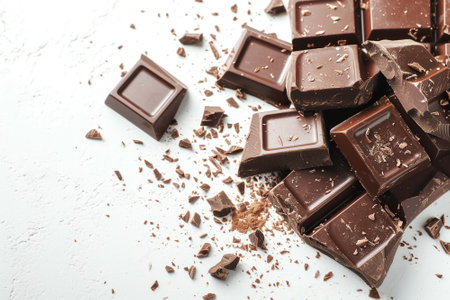 A chocolate bar is broken into pieces, with some pieces crushed and scattered around. The chocolate bar has a white background.の素材