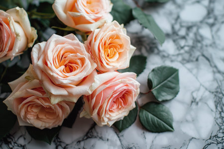 a beautiful bouquet of pink roses on the light gray marble table topの素材