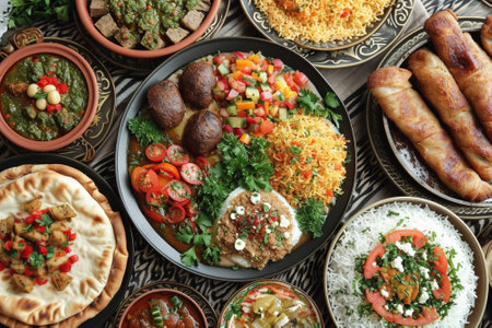 A table full of various dishes including bowls of dips, kebabs, and bread.の素材