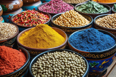 A table topped with bowls filled with colorful spices.の素材