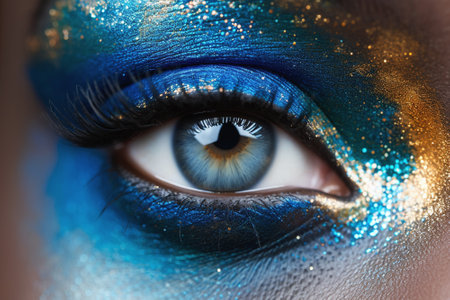 A close-up of a human eye with artistic blue and gold makeup.の素材