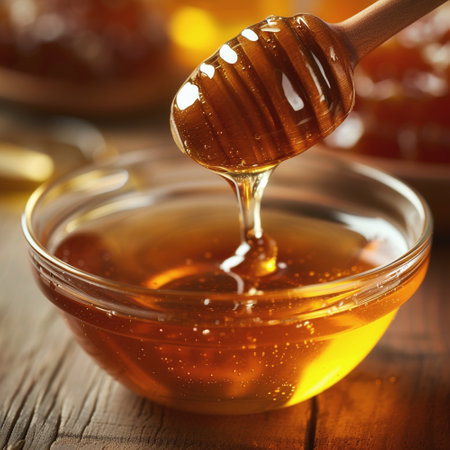 A bowl of honey with a wooden honey dipper in it.の素材