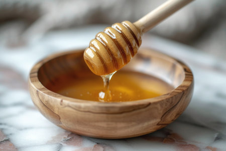 A bowl of honey with a wooden honey dipper in it.の素材