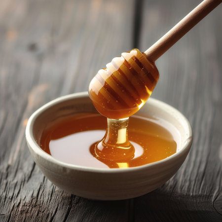 A bowl of honey with a wooden honey dipper in it.の素材
