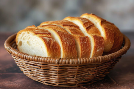 Sliced crusty bread in a wicker bowl, placed on a laid table ready to be eatenの素材