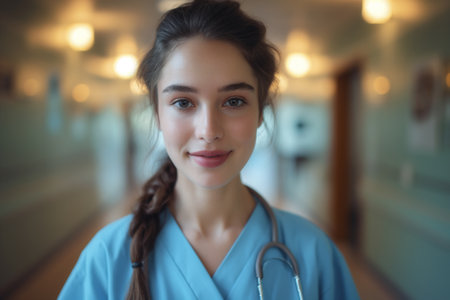 A nurse with a stethoscope around his neck, wearing blue scrubs.の素材