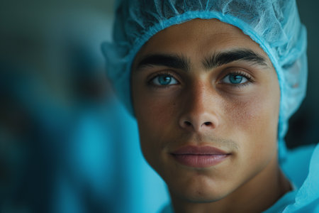 A man with blue eyes and a hospital hat looks into the camera.の素材