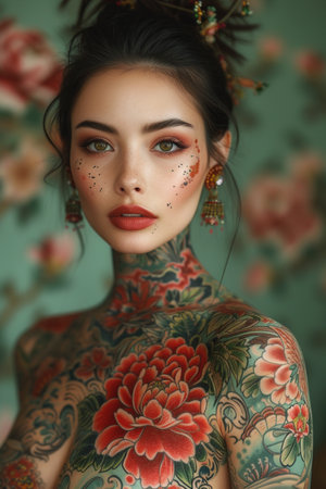 A woman with a full body tattoo of flowers and leaves, against a floral background.の素材
