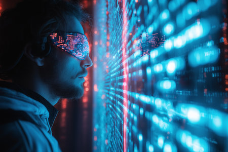 A profile view of a man with digital pixelated glasses reflecting vibrant blue LED illumination, suggesting a theme of futuristic technology.の素材
