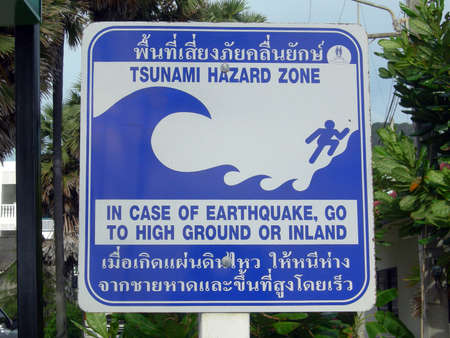 original tsunami hazard zone thailand signal on the beachesの写真素材