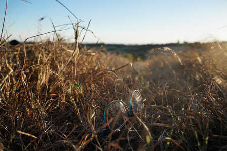 Blue and brown glasses in a field at the sunsetの写真素材