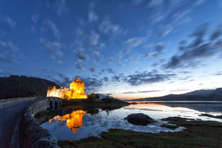 Panoramic at dusk of Eilean Donan Castle, Highlands, Scotlandのeditorial素材