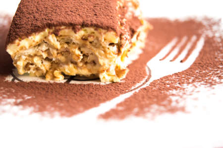 detail of a slice of tiramisu, a typical dessert of Italian culinary traditionの写真素材