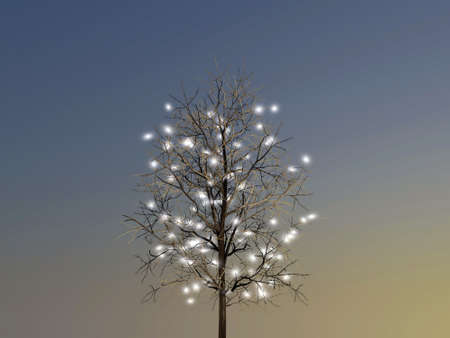 winter tree with christmas lights on branches