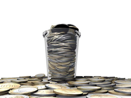 euro coins in a glass cupの写真素材