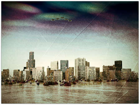 ufo over ghost buildingsのeditorial素材