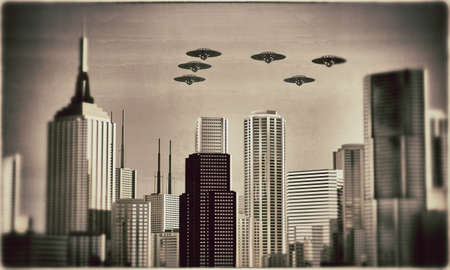 ufo flying in formation over skyscrapersの写真素材