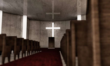 church interior with wooden benchesの写真素材