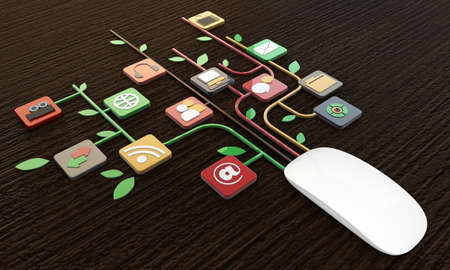 computer mouse connections on wooden tableの写真素材