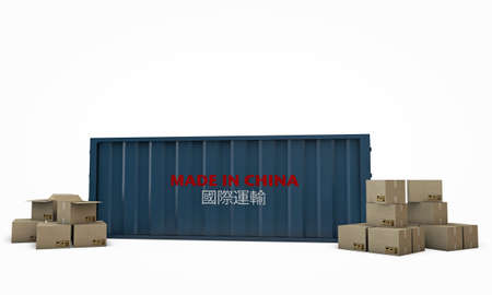 blue shipping container made in china isolated on white background