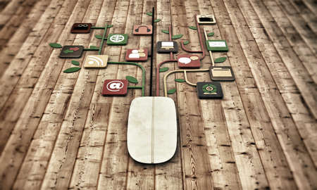 mouse with media connections on wooden parquet 