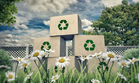 cardboard boxes with recycle symbol in a beautiful meadowの写真素材