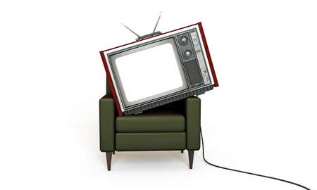 old tv relaxing in a green armchair isolated on white background