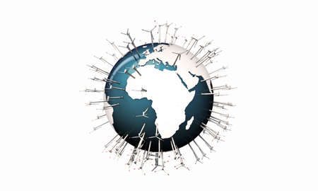 wind turbines over the world with extruded continents isolated on white backgroundの写真素材